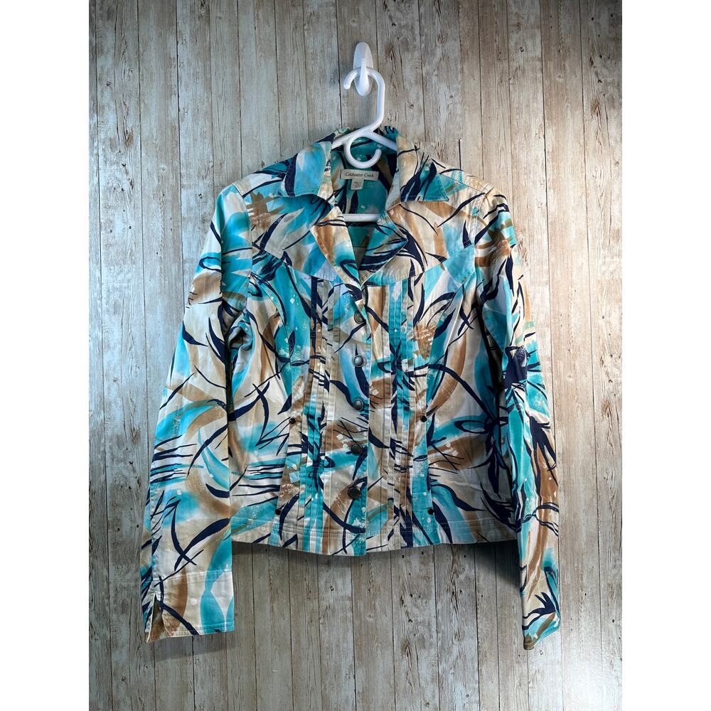 Coldwater Creek Blazer Jacket Womens‎ 6 Turquoise Printed Pleated Front Stretch